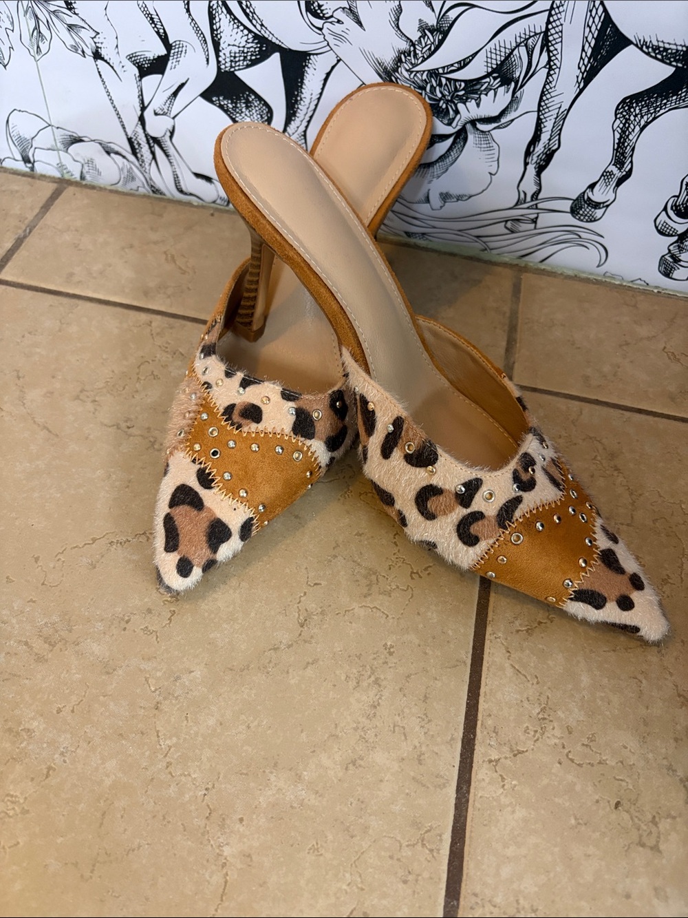 Women's Leopard Print Pointed Toe Mule - Tan & Brown